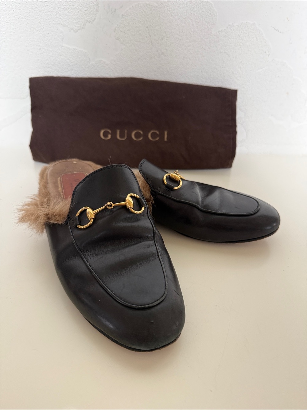 Gucci Black Leather Fur-Lined Horsebit Slipper Mules Size 6